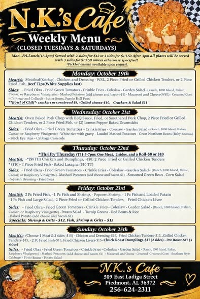 N.K.'s Cafe weekly menu flyer